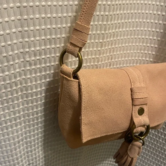 Tan suede Crossbody Bag with Tassel Accent - Picture 3 of 16